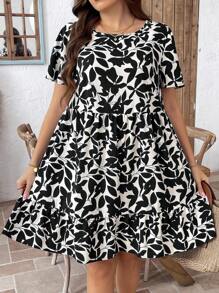 SHEIN LUNE 大码夏季休闲全身印花圆领荷叶边下摆连衣裙毕业礼服 - 黑色 - 查看 4