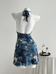 Elamini 女式复古印花 V 领系带荷叶边下摆迷你连衣裙，春夏 - 藏蓝色 - 查看 2