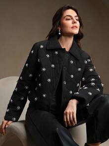 Anewsta 女式短款修身优雅厚重铆钉领黑色冬季外套 - 黑色 - 查看 9