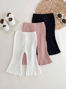 Baby Girl 3pcs Lettuce Trim Flare Leg Pants Chic Outfits For Autumn/Winter - Multicolor - View 2