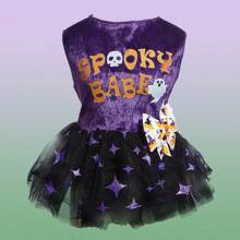 PETSIN 1pc Pet Halloween Purple Sleeveless Velvet Star Foil Print Mesh Tutu Dress With Cute Letter Print For Cats & Dogs - Multicolor - View 6