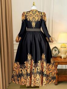 Rometta Never Out Of Style: Gothic Prep With A Wednesday Twist. Embrace Your Inner Shadow Dark Feminine Fashion. Plus Size Women's Popular Fashionable Versatile Thailand Maldives Travel Beach Resort Bohemian Floral Print Waist Cinched Round Neck Long Sleeve Flared Maxi Dress, Spring/Autumn/Winter Fall Cloth For Women