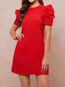 Amorya 素色泡泡袖直筒連衣裙