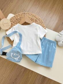 Baby Boy Unisex Round Neck Plain T-Shirt, Cartoon Pattern Backpack And Shorts 3pcs/Set - Blue and White - View 2