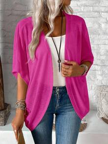 EMERY ROSE Women's Casual Solid Color Minimalist Open Front Short Sleeve Regular Jacket Hot Pink Cover Up