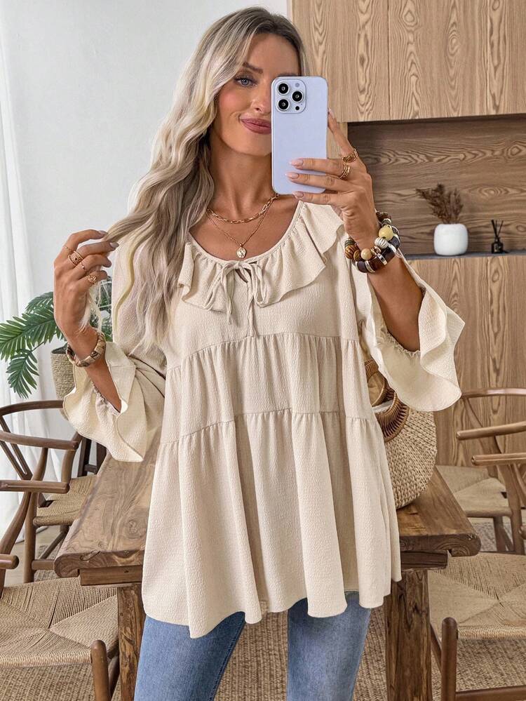 Women's Solid Color Ruffle Collar Front Tie Flare Sleeve Loose Blouse Cream Blouse Ruffle Blouse Women Blouse Tiered Blouse Summer Blouse Cute Tops Going Out Tops Women Summer Tops Babydoll Top Going Out Tops Basic Tops Fall Tops Going Out Top Babydoll Tops Work Blouses For Women Cute Summer Tops Modest Tops Vacation Tops Going Out Tops Women Summer Tops Babydoll Top Going Out Tops Basic Tops Fall Tops Going Out Top Babydoll Tops Work Blouses For Women Cute Summer Tops Modest Tops Vacation Tops