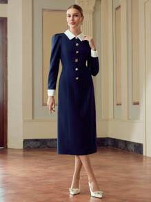 ZEYLAH 女士金属装饰撞色领泡泡袖优雅中长连衣裙 - 藏蓝色 - 查看 5