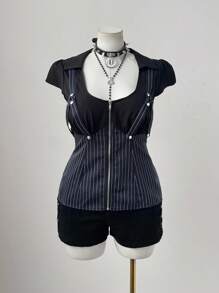 Flirla 大码女式时尚条纹二合一吊带修身衬衫