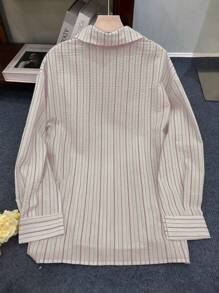 INAWLY 女士标准尺寸休闲度假条纹长袖衬衫 - 粉色 - 查看 2