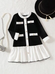 Elladie kids 小女孩黑白仿珍珠纽扣装饰白色下摆连衣裙，适合返校季