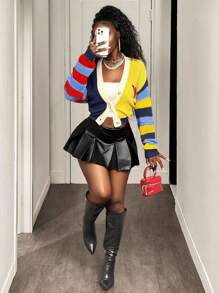 BamGleam 女士条纹拼色字母 V 领纽扣开襟长袖休闲毛衣开衫