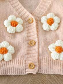 SHEIN New Fashionable Versatile Cute Floral Young Girl Cardigan Sweater With Flower Applique Fall Winter - Coral Pink - View 3