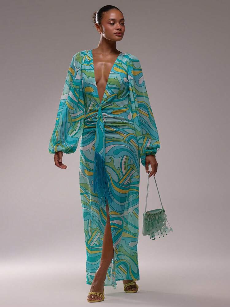 MUSERA Deep V Neck Loose Fit Tassel Detail All Over Print Long Sleeved Maxi Dress Spring Summer Vacation Elegant Wedding Guest Holiday Beach Ibiza Long Dress - Blue - View 3