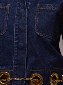 MUSERA 宽松版型镂空下摆短袖牛仔外套，秋季返校季可爱优雅酷女孩性感日常冬季派对休闲装扮时尚春夏 - 中等水洗藍 - 查看 6