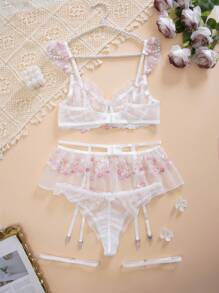 SHEIN 5 件套女士浪漫田园系列透明网眼刺绣钢圈性感花卉内衣套装，卡哇伊内衣生日内衣，外出 - 白色 - 查看 2