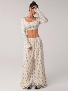 SHEIN ICON 女式宽松休闲熊印花运动裤 - 白色 - 查看 5