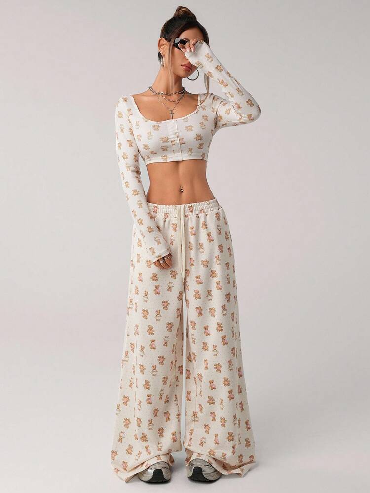 SHEIN ICON 女式宽松休闲熊印花运动裤 - 白色 - 查看 5