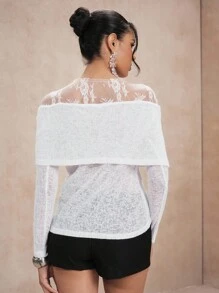 SHEIN Unity Lace Panel Knitted Sweater, Gentle Lady Style - White - View 2