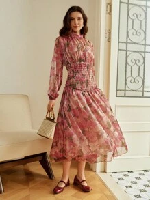 SHEIN Clasi Vestido maxi de vacaciones elegante y relajado con cintura ceñida, nuevo para primavera/otoño 2025, adecuado para citas, salidas, vacaciones, banquetes, fiestas, noches, bodas, festivales de música - Multicolor - Ver 5