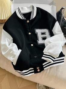 INAWLY 女式字母贴花撞色前扣休闲长袖夹克 - 黑與白 - 查看 4