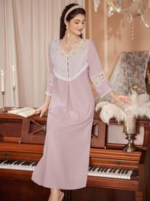 PalaceNights 优雅粉色长款睡裙，蕾丝边饰V领设计，女士睡衣连衣裙，秋冬款 - 粉色 - 查看 5