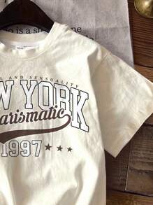 SHEIN Leap Crew 4 件套青少年女孩休闲复古淡紫色、复古奶油粉色、奶油白色、复古学院字母印花简约短袖圆领 T 恤，适合夏季