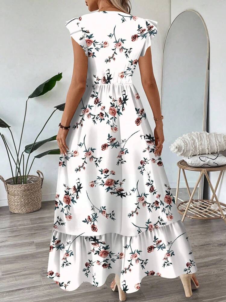 Vestido maxi con cuello en V, volantes y mangas y bajo con vuelo, vestido floral casual de vacaciones para mujer, vestido floral largo, vestido floral blanco, vestido floral casual, ropa de otoño