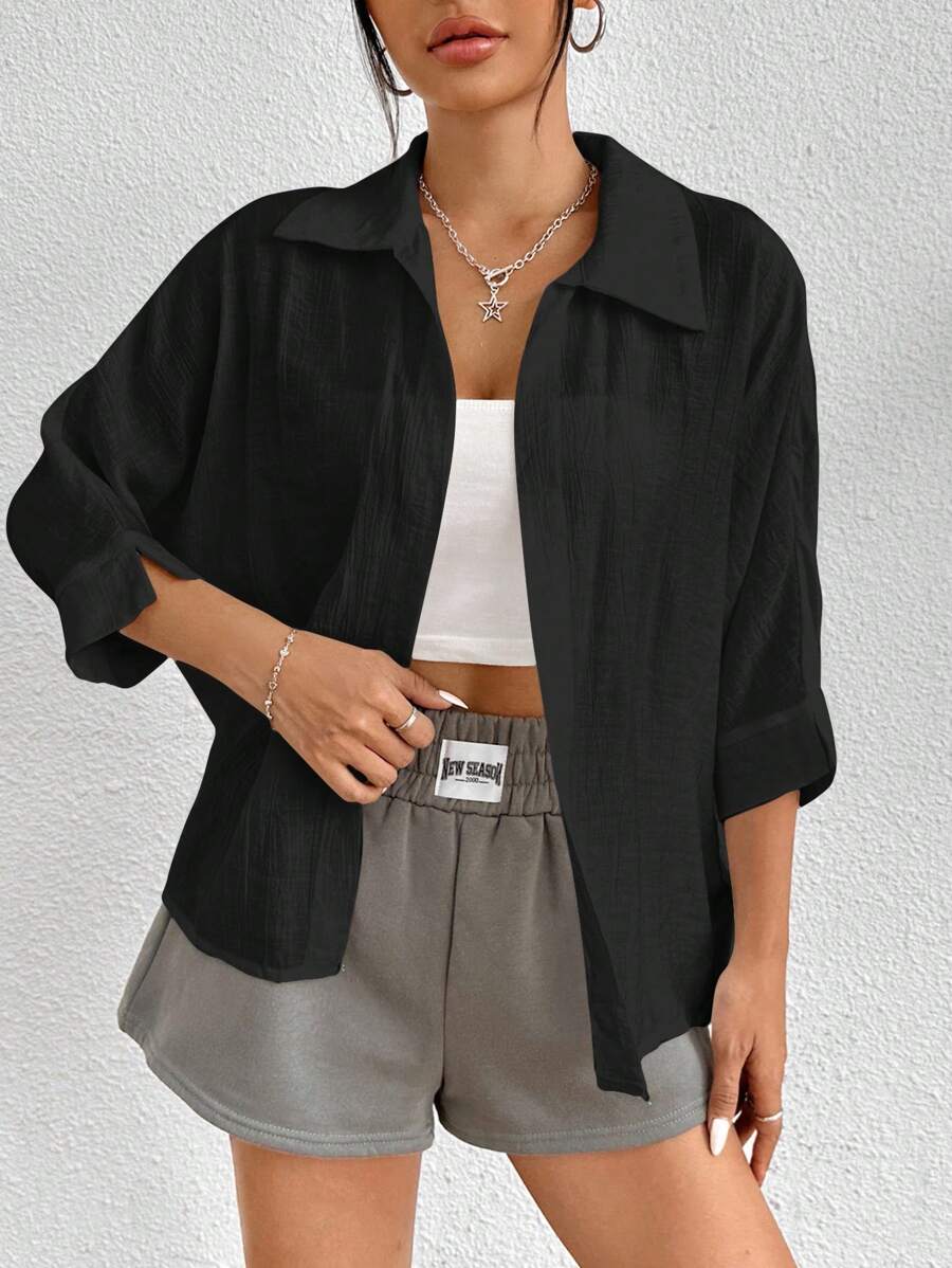 SHEIN PETITE 女款純色3/4袖前開襟休閒寬鬆襯衫 - 黑色 - 查看 1