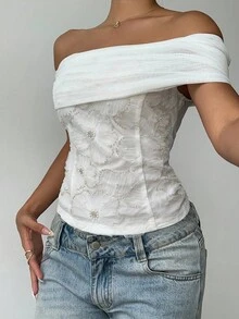 Aloruh Áo cánh trễ vai màu trắng xếp ly thêu thời trang nữ - trắng - Xem 3