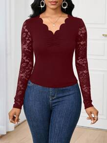 SHEIN Lady 2025新款优雅通勤纯色蕾丝拼接修身长袖T恤纯色上衣外出上衣女式长袖T恤长袖上衣，女士秋季服装 - 酒紅色 - 查看 5