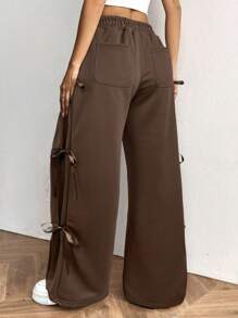 SHEIN EZwear 女士休闲运动裤，带蝴蝶结抽绳，咖啡棕色 - 咖啡棕 - 查看 2