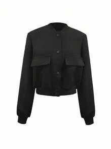 INAWLY Áo khoác bomber màu trơn thông thường cho nữ, mùa xuân và mùa thu - màu đen - Xem 1