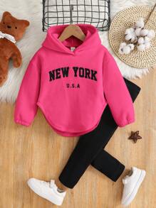 SHEIN 年轻女孩 2 件/套摇粒绒字母刺绣落肩弧形下摆连帽衫和紧身裤套装，运动风格，非常适合秋冬季休闲、日常穿着和学校日常穿着 - 玫紅色 - 查看 2