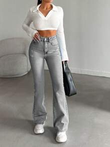 SHEIN Tall 98%Cotton High-Waist Original Boot Cut Jeans Tall - Grey - View 4