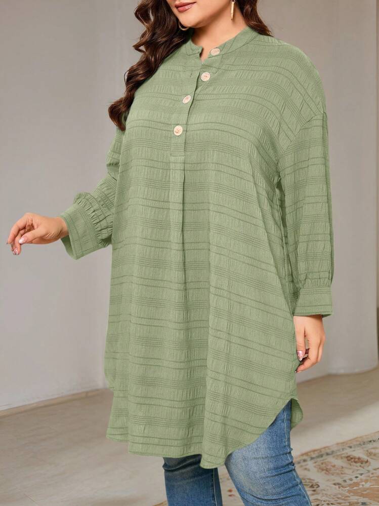 Veilorie 大码女式休闲圆领长袖纹理面料衬衫，夏季 - 綠色 - 查看 5