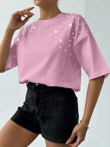 EURMUSE 100%纯棉女款白色水钻T恤 - 淺粉色 - 查看 3