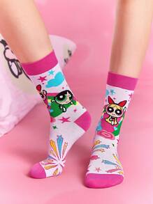 THE POWERPUFF GIRLS X SHEIN 2 đôi tất cổ cao mềm mại, thoáng khí, thấm hút mồ hôi dành cho nữ, họa tiết hoa, bong bóng, hoa mao lương, thời trang và dễ thương, màu trắng và hồng, mũi và gót được gia cố, bền bỉ, phù hợp cho mọi mùa, mọi phong cách - Nhiều màu - Xem 6