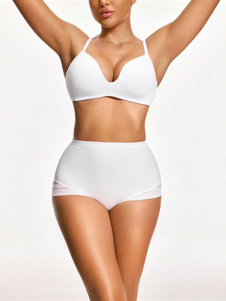 SHAPORA Women's High Waist Mesh Patchwork Solid Color Shapewear Bottom High Waisted Panties High Waist Lingerie High Waisted Underwear Booty Shorts Lingerie - White - View 3