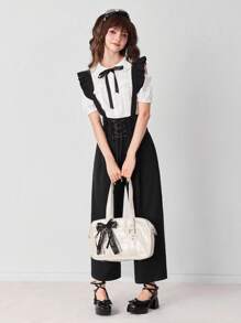 ROMWE EDITION Women's Fashionable Versatile Solid Color Criss-Cross Tie Pants - Black - View 7