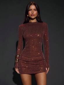 SHEIN BAE Vestido curto sexy com costas nuas e detalhes em cristais marrons, ideal para festas, boates, coquetéis, banquetes, saídas à noite e bailes