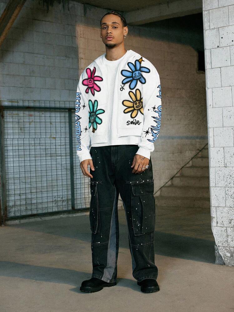 PAVTROS 男士休闲街头卡通字母印花落肩宽松拉链连帽衫，春秋季 - 彩色 - 查看 3