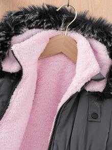 女童休闲装饰连帽束腰派克大衣，适合冬季穿着；女童冬季外套；女童带帽冬季外套；女童灰色冬季外套；女童灰色派克大衣；粉色保暖内衬冬季外套，适合秋季穿着。 - 灰色 - 查看 4