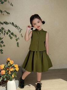 SHEIN 2 件套年轻女孩无袖纽扣上衣和中长裙套装，橄榄绿，舒适休闲时尚 - 粉色 - 查看 5