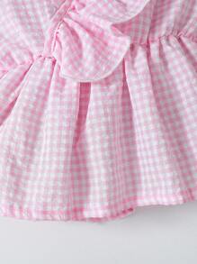 女童衬衫套装 2 件套 女童粉色荷叶边衬衫和牛仔裙套装，长袖上衣，不对称下摆，春季时尚装扮 女童格纹裙套装 粉色和蓝色套装 女童两件套牛仔裙套装 女童服装 荷叶边上衣 粉色格纹上衣和牛仔裙套装 - 粉色 - 查看 6