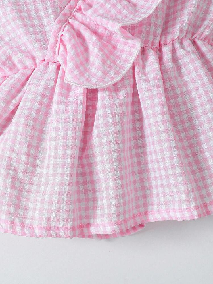 女童衬衫套装 2 件套 女童粉色荷叶边衬衫和牛仔裙套装，长袖上衣，不对称下摆，春季时尚装扮 女童格纹裙套装 粉色和蓝色套装 女童两件套牛仔裙套装 女童服装 荷叶边上衣 粉色格纹上衣和牛仔裙套装 - 粉色 - 查看 6