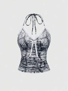 ROMWE Y2K Baddie Dry Leaf Camo Full Print Lace Trim Halter Crop Top - Dark Grey - View 1