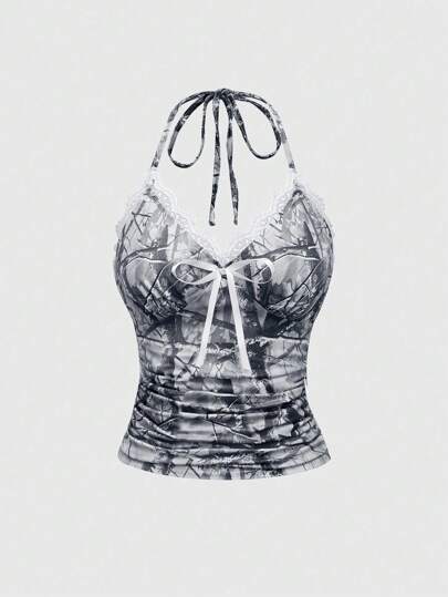 Débardeur crop top à imprimé camouflage de feuilles sèches avec bordure en dentelle, style Y2K baddie