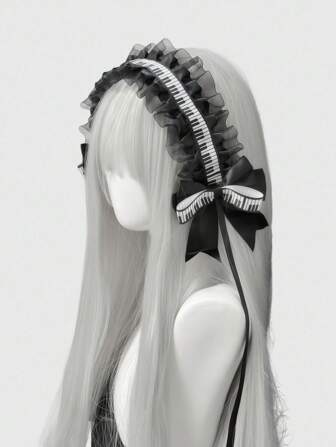 Grunge Punk 2 pezzi Fermagli per capelli eleganti e dolci con fiocco e stampa di pianoforte, possono essere agganciati ai capelli o alle borse, adatti per festival musicali, shopping, scuola, stile anime/kawaii