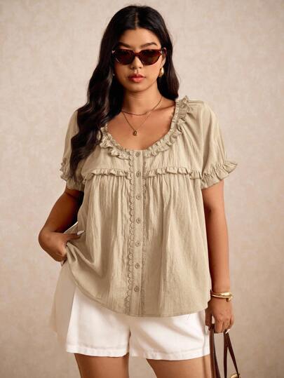Elaquor Plus Size Casual Solid Color Frill Trim Shirt