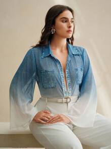 Anewsta 女士长袖渐变蓝色雪纺衬衫，优雅时尚 - 藍色 - 查看 7